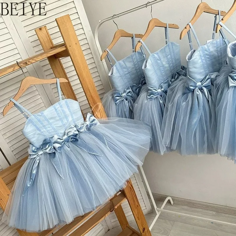 

Girls Light Blue Tulle Dress with Satin Bows Spaghetti Strap Princess Party Dress Children Sweet Special Occasions Dress