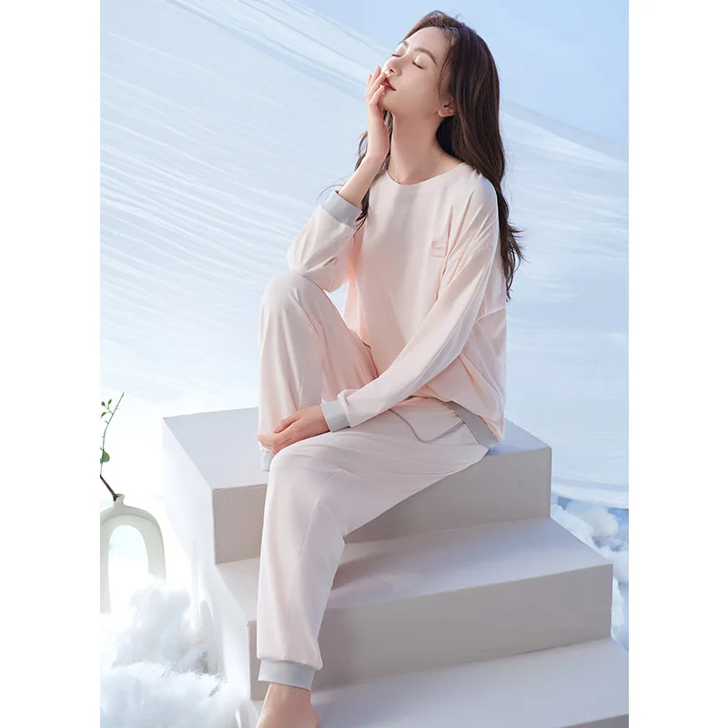 New Autumn O-Neck Female Pajamas Long Sleeve Pyjamas Korean 2 Pcs Simple Solid Color Pijamas Mujer Cotton Sleepwear Home Clothes