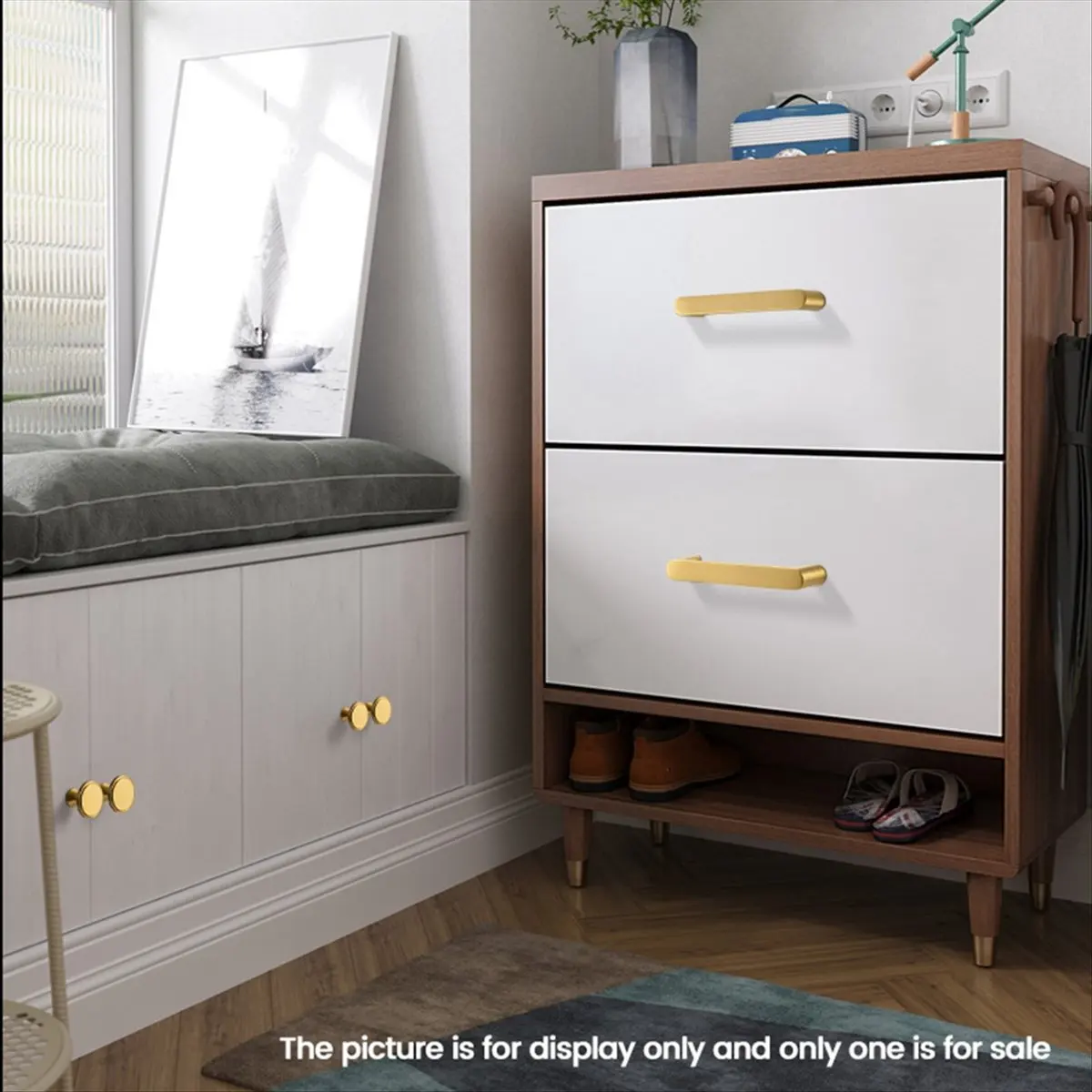 A25I Solid Brass Simple Style Kitchen Handle Cabinet Drawer Wardrobe Gold Handle, Comfortable Feel, Hole Distance 128 mm