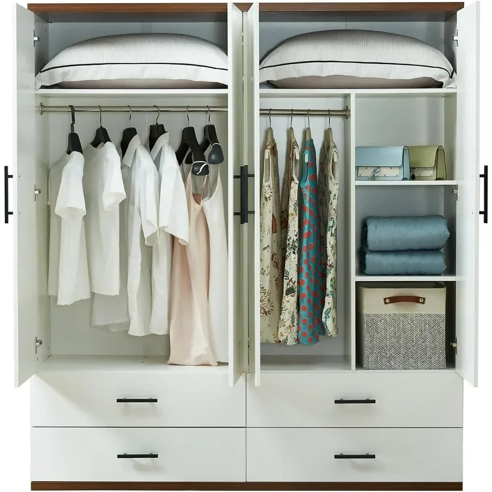 71 inch tall wooden wardrobe with 4 doors, 4 drawers, 2 bedroom hangers and shelves, white inch high