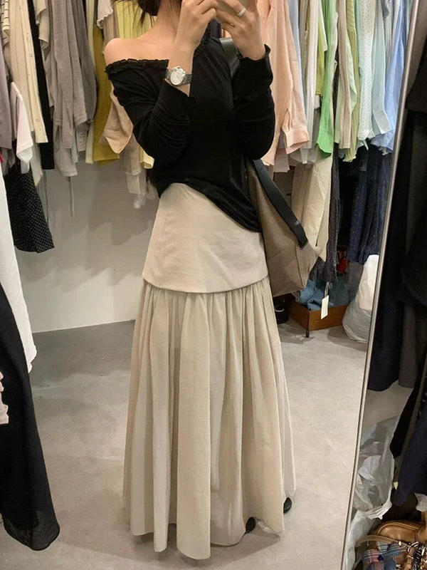 Spring 2026 High Waist A-Line Midi Skirt Women's Gauze Double Layered Elegant Pleated Skirt Loose Fit Chinese Production