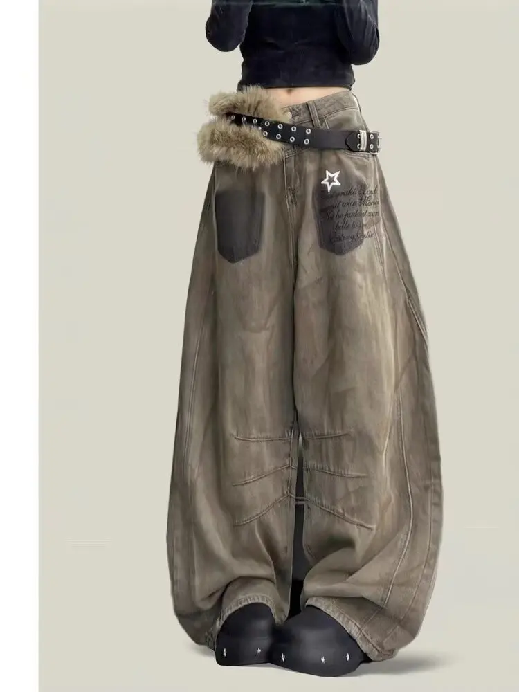 

Y2k 2000s Fashionable Harajuku style wide-leg denim pants, with a laid-back and versatile style