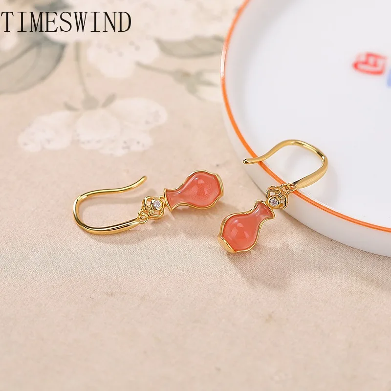 TIMESWIND Original Red Agate Ruyi Bamboo Leaf Vase S925 Silver Women Fashion Jewelry Earrings with Certificate