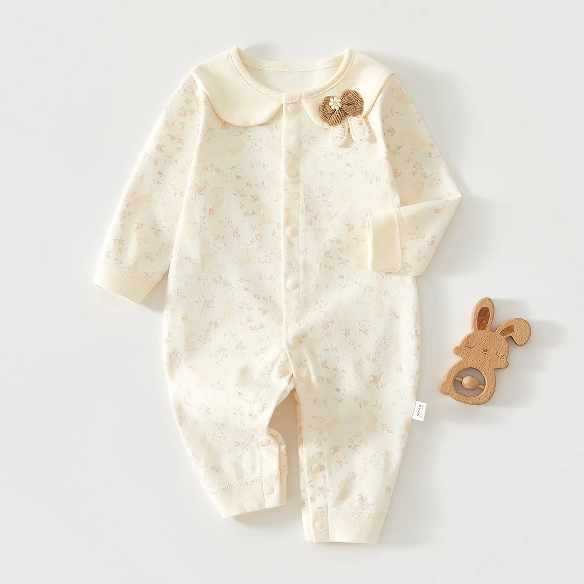 Peter Pan Collar Baby Romper Front Snaps Long Sleeve Onesie Soft Cotton Cute Print Infant Jumpsuit Unisex 0-18M for Spring Fall
