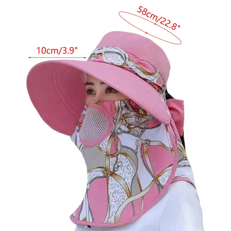 Summer Women Wide Brim Garden Work Shade Hat Face Mask Detachable Sunhat Outdoor Print Breathable Fisherman Hat UV Protection