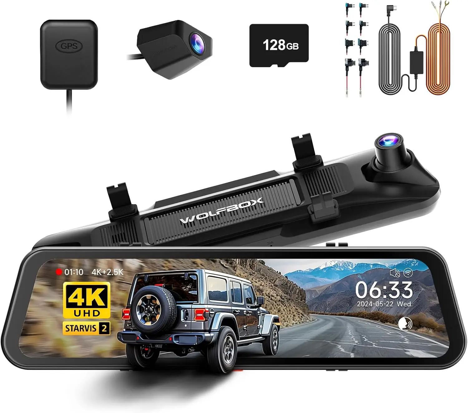 WOLFBOX G900 PRO Dashcam 4K+2.5K Auto DVR Spraakbesturing 5GHZ WI-FI en GPS Videorecorder Voor- en achtercamera