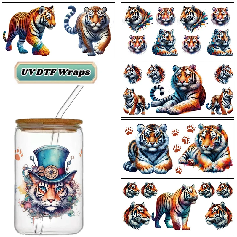 Watercolor Tiger UV DTF Wraps, Vibrant Wild Animal Stickers for 16oz Glass Cans, Waterproof DIY Transfer Decals
