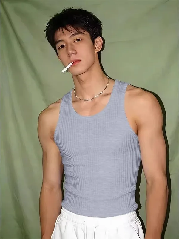American Style Tight Fit Elastic Quick Dry Vest U Neck Sleeveless Training Clothes for Men Fitness Gym Shoulder Strap