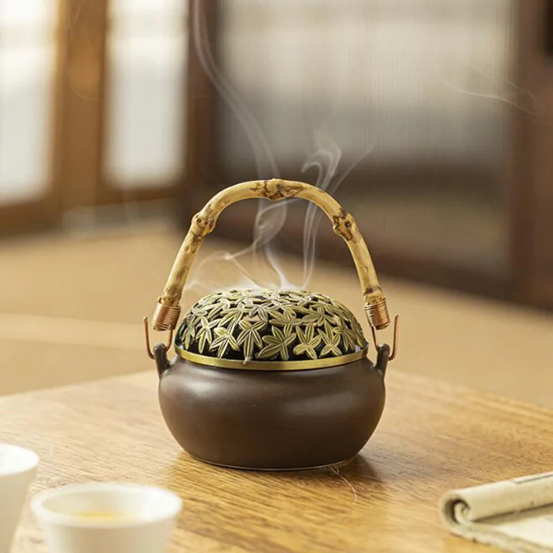 Retro Ceramic Handle Basket Aroma Burner Smoking Backflow Tower Incense Cone Incense Burner Fragrance Censer Home Decoration