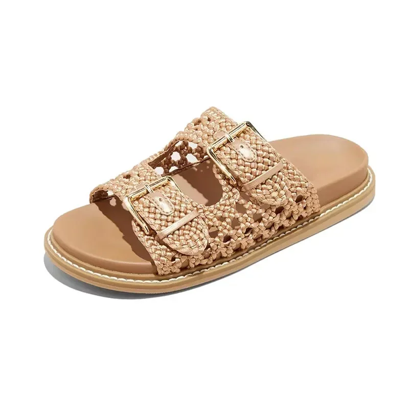 

Summer Thick Soled Belt Buckle Women Outdoor Slippers New Flat Bottomed Round Toe Retro Casual Commuting Beach Sandals Size35-43