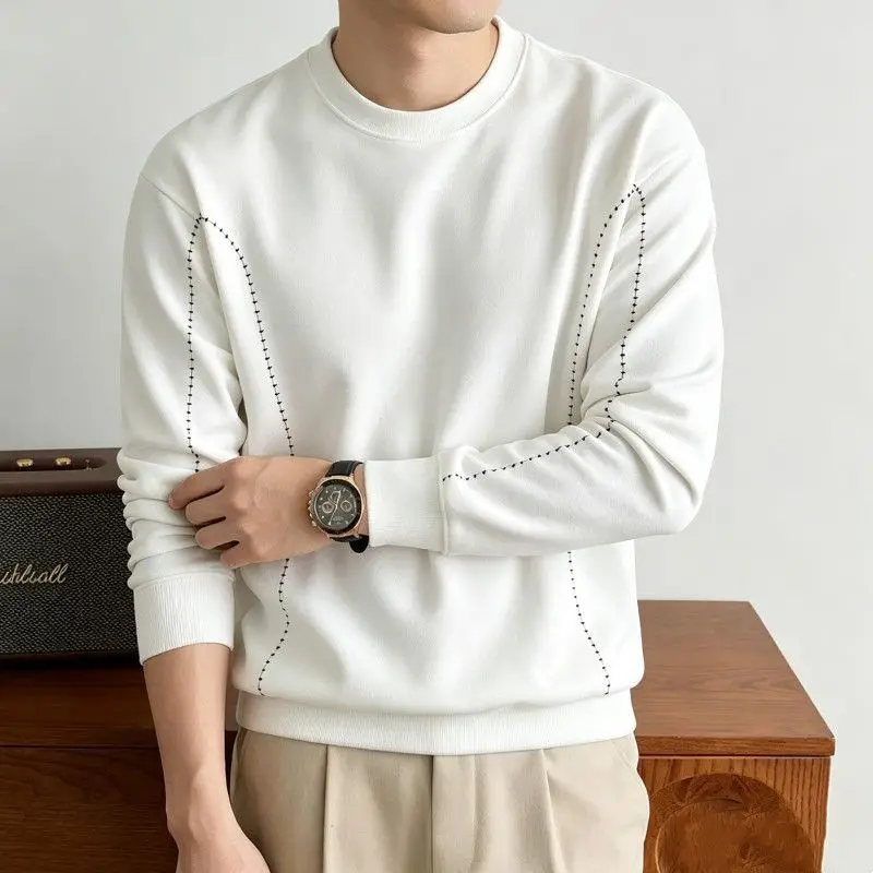 Autumn Men Crew Neck Sweatshirt Contrast Sewing Thread Design Casual Loose Fit Pullover Quiet Luxury Streetwear Sweatshirts