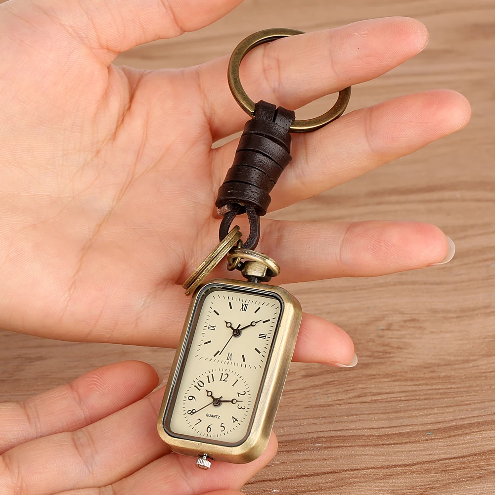 Vintage Cute Rectangle Dual Time Dials Pocket Watch with Keychain/Necklace Pendant Quartz Pocket Clock Gift for Students