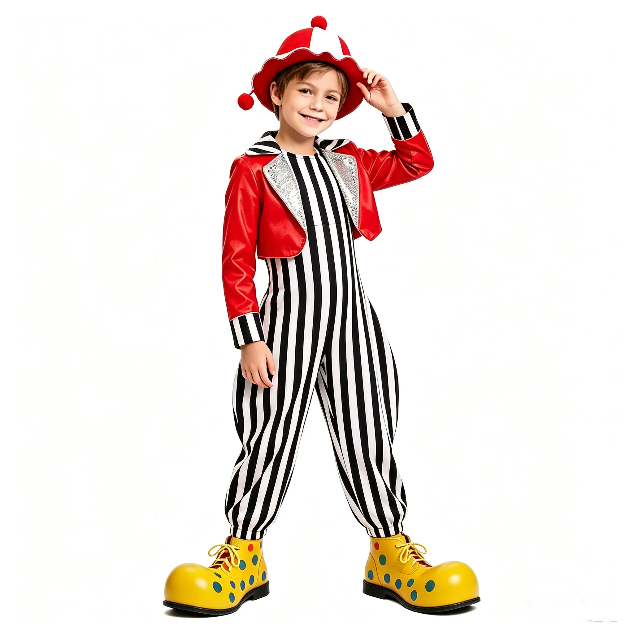 Kids Circus Ringmaster Clown Costume Sleeveless Striped Jumpsuit with Satin Jacket for Halloween Carnival Party Performance