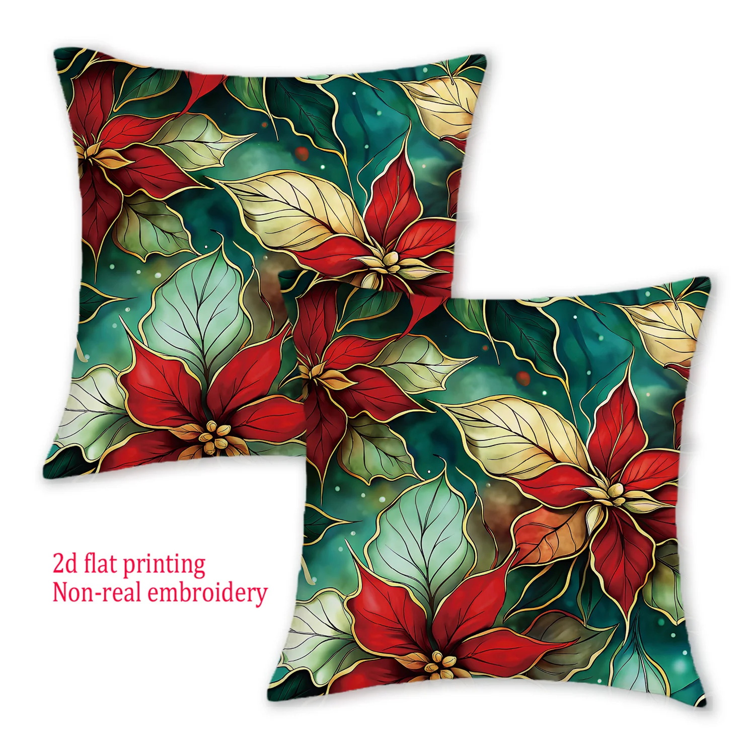 2pcs, 2D Flat Printing Merry Christmas Cushion Covers, Poinsettia Non-real Embroidery Winter Home Decor Throw Pillow Covers