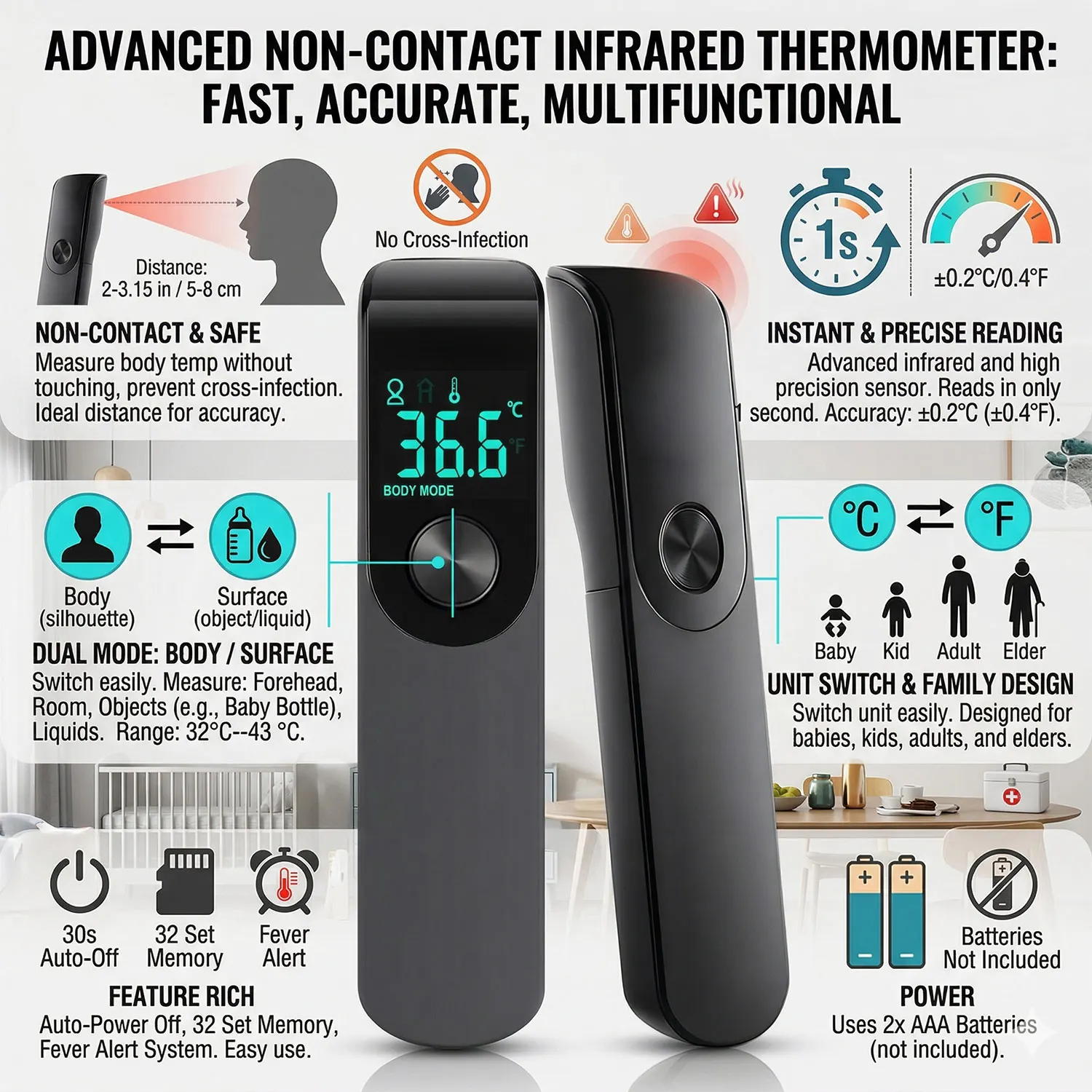 Medical Temperature Infrared Thermometer Forehead Digital Non-contact Thermometer or Finger Blood Oxygen Saturation Oximeter LED