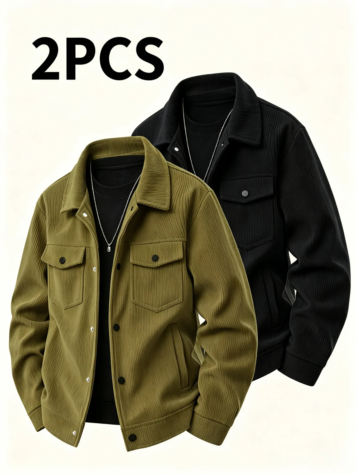 Herren-Cordjacke, 2-teiliges Set, lässige Oberbekleidung mit Umlegekragen und Knopfleiste, einfarbiges Design mit Taschen, ideal für den täglichen Gebrauch, Herrenmantel. – Detail 3