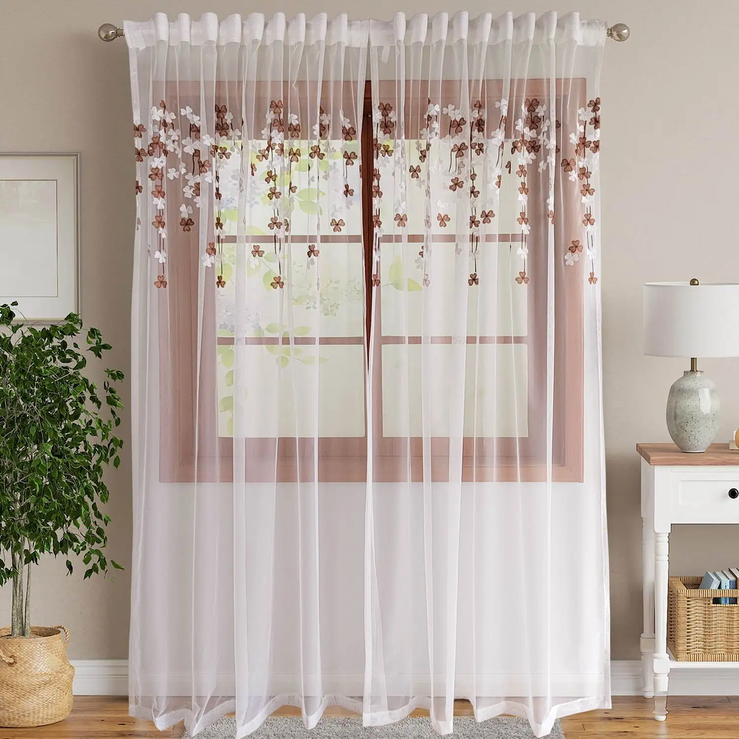 

Brown Clover Embroidered Sheer Curtains for Bedroom, Balcony, Study, Kitchen, Gift Hook