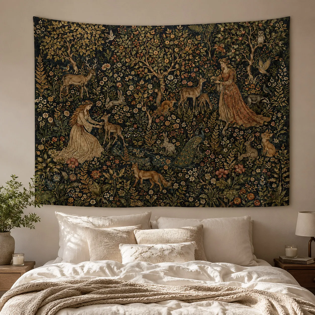 Medieval Forest Tapestry Deer Lady Peacock Floral Wall Hanging Vintage Gothic Woodland Decor for Bedroom Living Room Dorm Home