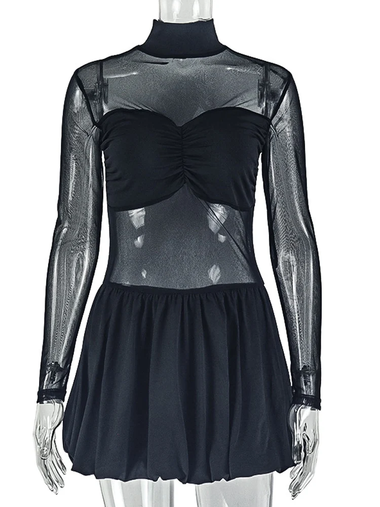 Beyprern Sexy Sheer Mesh Long Sleeve Mini Dress Y2K Women See Through Bodycon Short Skirt Stand Clubwear Party Outfit