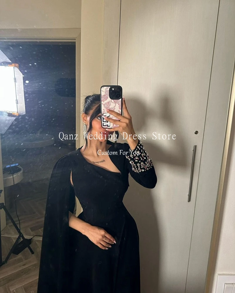 Qanz Elegant Black Mermaid Prom Dresses Long Sleeves Crystals Cape Robe Evening Dresses Beaded Prom Party Dresses Customized