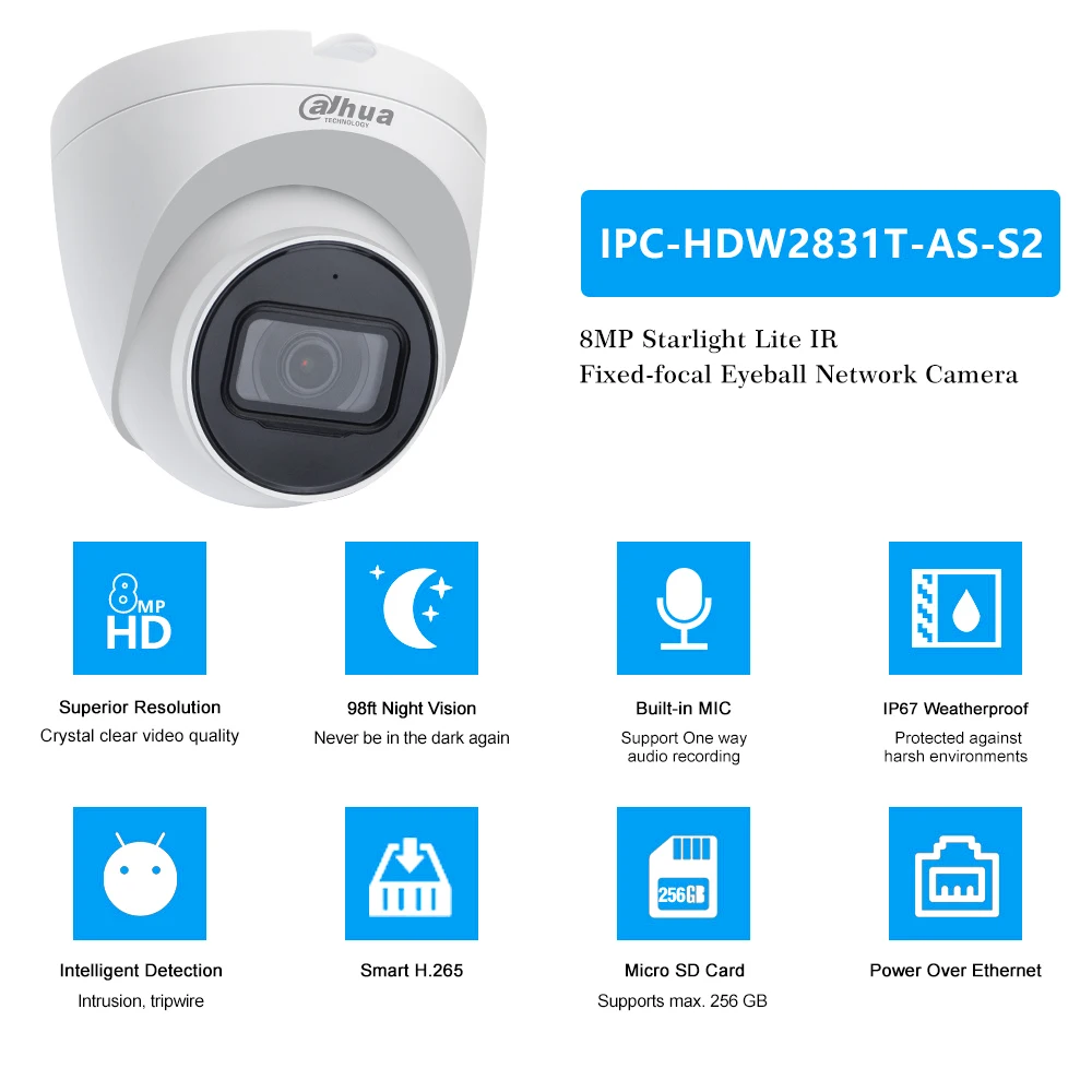 Original Dahua 4K 8MP IPC-HDW2831T-AS-S2 Lite IR Fixed-focal Eyeball Network Camera Built-in MIC 12V DC/PoE Power Supply IP67