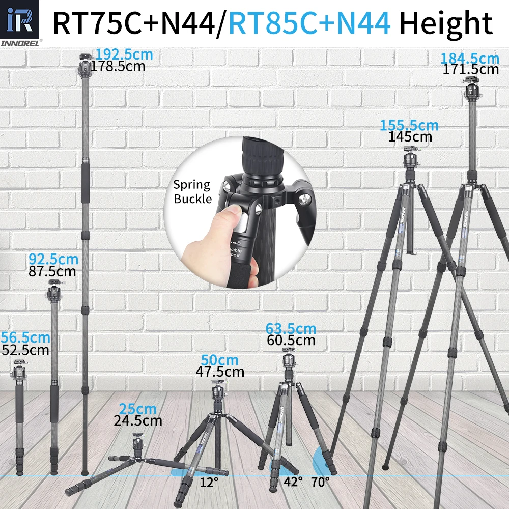 Imagem -06 - Innorel-tripé Profissional de Fibra de Carbono Monopé para Câmera Digital Dslr Heavy Duty Stand Suporte Ballhead Cabeça Fluida Rt75c 85c