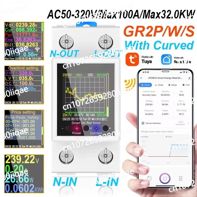 GR2PWS 100A Tuya WiFi Din Rail Energy Meter AC50-320V Smart Meter Digital Monitoring Voltmeter Ammeter