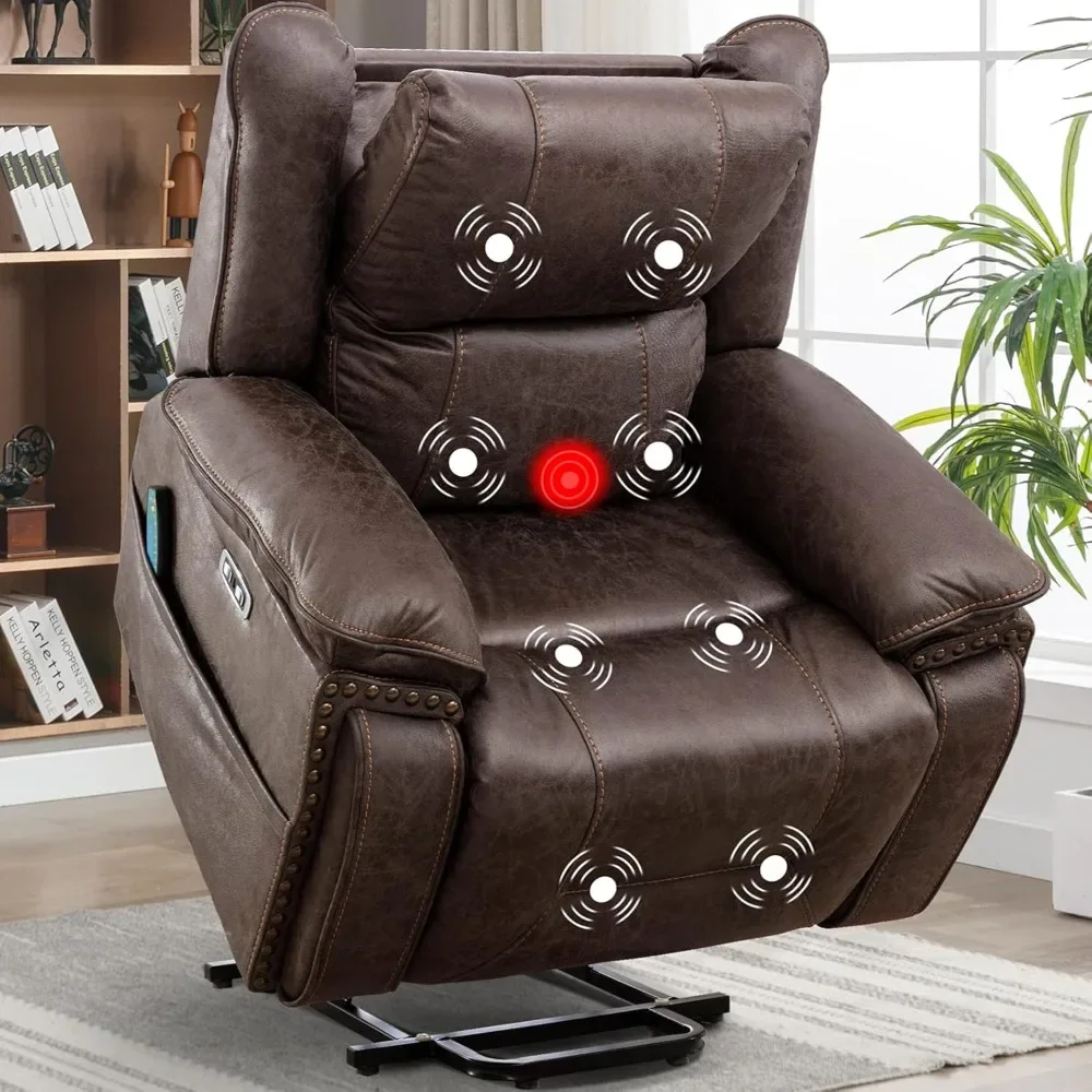 Faux Leather Power Lift Chair with Massage & Heat, 2 Concealed Cup Holders USB Ports, Electric Recliner with Adjustable Headrest