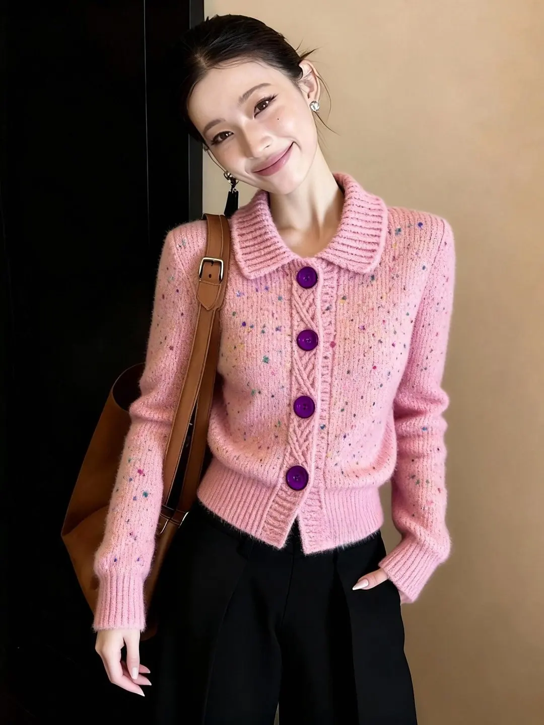 

Unique Pink Knitted Cardigan Short Winter Fashion Korean Style Inner Wear Top Casual Soft Long Sleeve Button up Girls Sweater