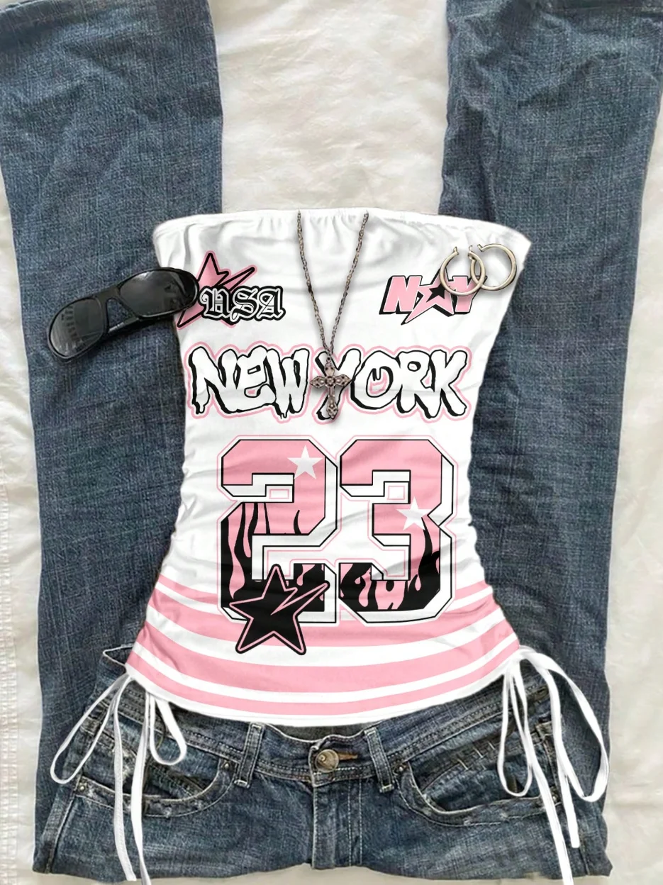 Damska bluzka casualowa ze sznurkiem, nadruk z literą New York i numerem 23, wiązana, obcisła, w stylu streetwear Y2K, idealna na wiosnę i powrót do szkoły.