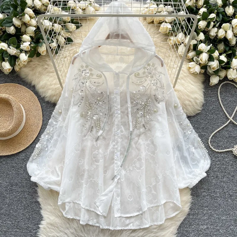 Women's Summer Top Coat Mesh Hood Sequin Beading Embroidery Thin Sun Protection Casual Design Fashion New Niche Versatile Skinny