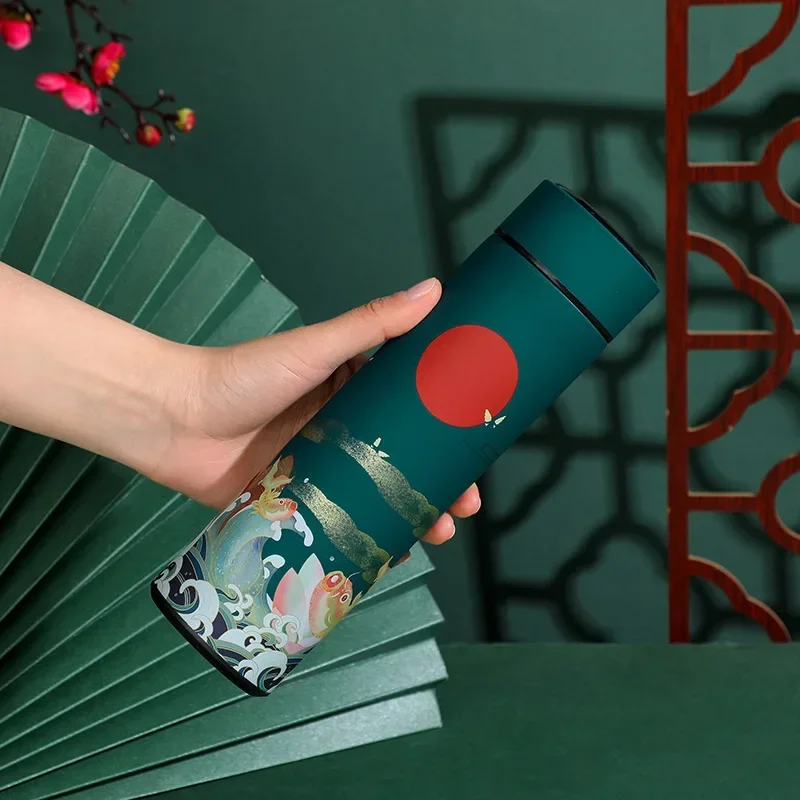 Chinese Style Thermal Cup Vacuum Flask LCD Smart Insulated Thermos Water Bottle 304SUS Tumbler Tea Infuser