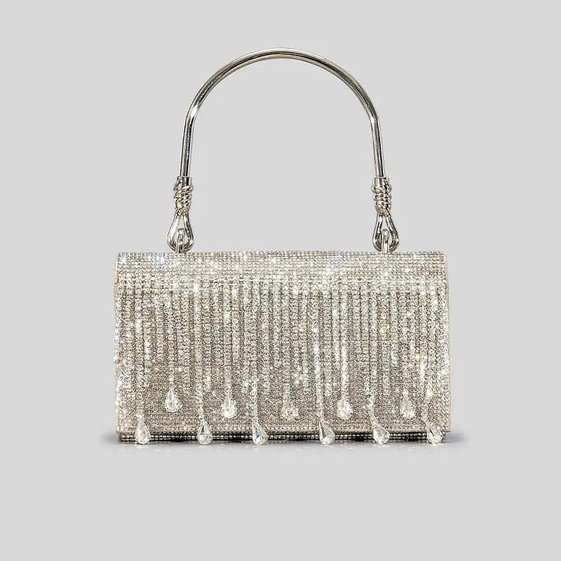 Original Designer Marken-Handtasche mit Quasten und Strass, Hot Diamond Abendtasche mit Metallgriff, Umhängetasche für Damen – Detail 6