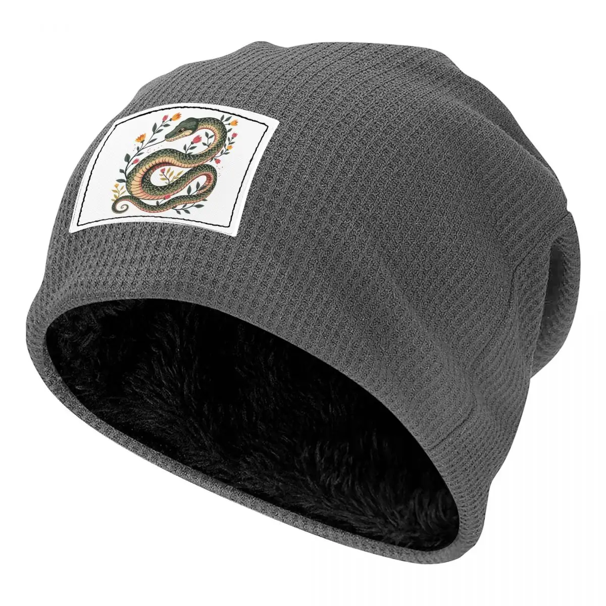 Botanical Serpent Nature Inspired Waffle Knit Fleece Lined Beanie with PU Leather Patch Unisex Warm Winter Soft Cap