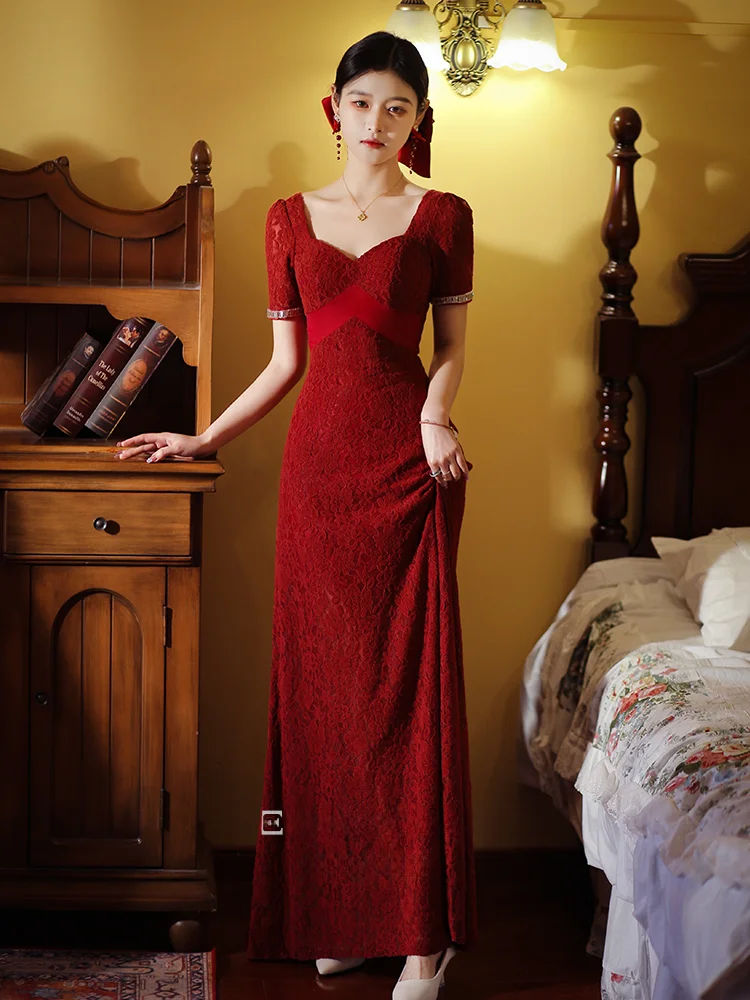 

Red Wedding Dr Lace Evening Gown Women's Sle ort Sve Floor Length Korean Version Pearl Embellied Bridal Dr