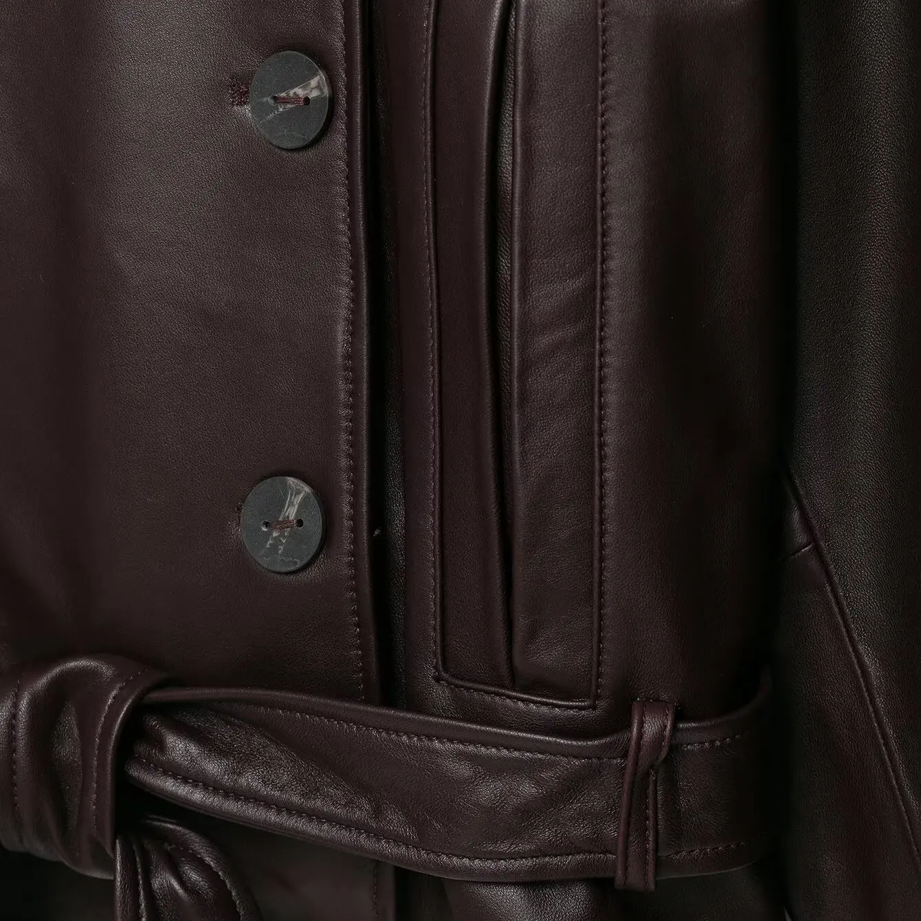 KASLEAD New Women's Fashionable Leather Belt Jacket Coat Versatile Windproof Long Sleeve Regular Length Double Button Closure