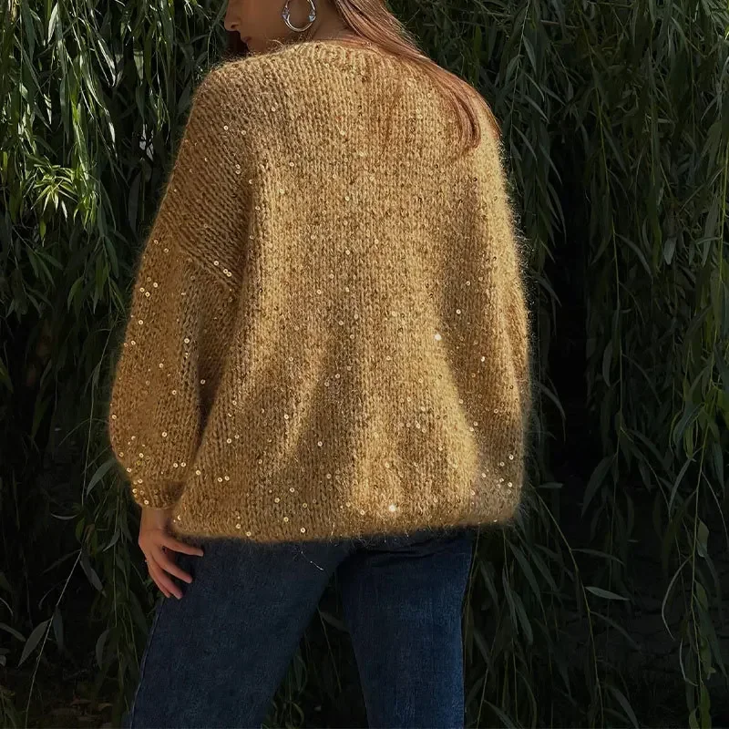 Solid Color Women Sequined Mohair Knitted Pullover Chic Long Sleeves O Neck Sweater New Autumn Winter Lady Casual Street Jumper