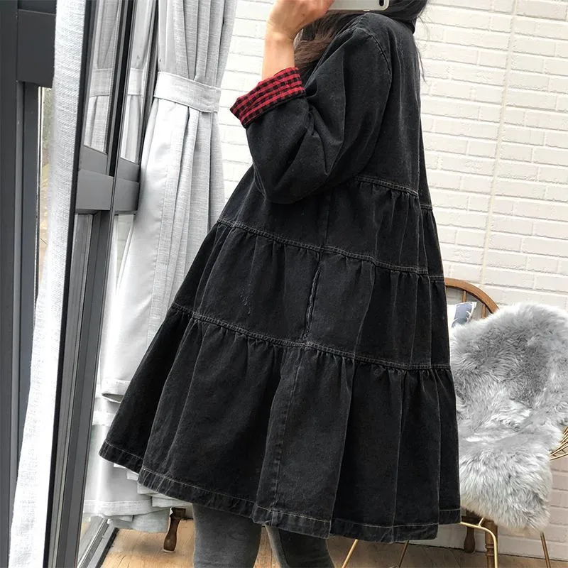 Temperament spring and autumn new Korean Mid-Length denim trench coat women loose Contrast color Windbreaker coat female R559