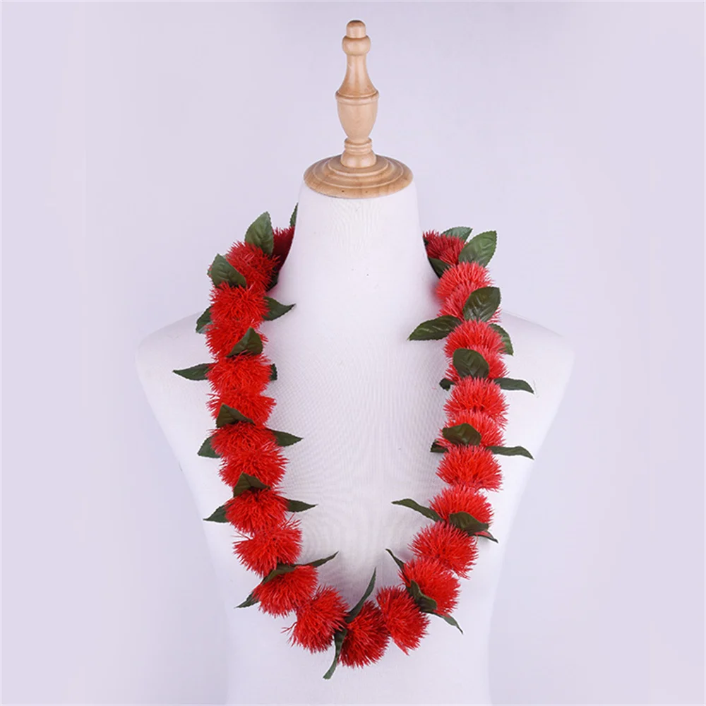 

Hula Girls Supplies Hawaiian Leis Red Yellow Ohi'a Lehua with Maile Leaf Lei Island Hawaii Flowers Necklace