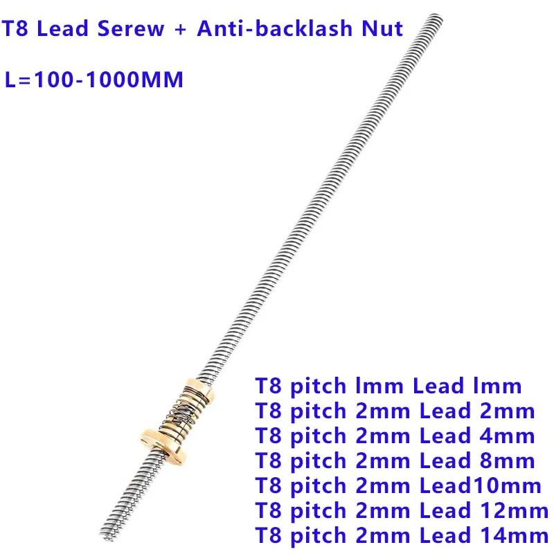 1Set T8 Lead Screw with T8 Anti-backlash Nut Spring Loaded Nut Elimination Gap Nut for T-Type Thread 8mm Trapezoidal 3D Parts