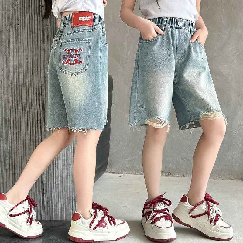 Teenage Girls Shorts New Summer Fashion Elastic Waist Cotton School Denim Knee-Length Pants Kids 4 6 8 10 11 12 13 14 Year