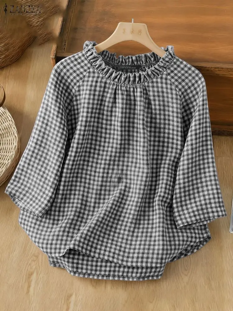 ZANZEA Vintage Women's Fashion Blouse Plaid Shirts Round Neck 3/4 Sleeve Casual Tops Autumn Print Famale Clothing Korean Blusas