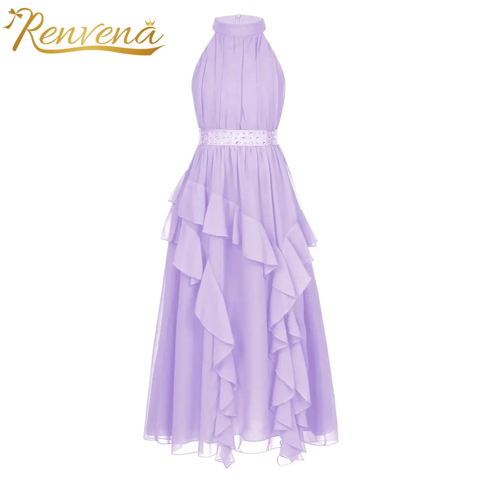 

Kids Girls Elegant Ruffled Tiered Dress with Rhinestone Belt Halter Sleeveless Chiffon Dress Prom Party Gown Wedding Vestidos