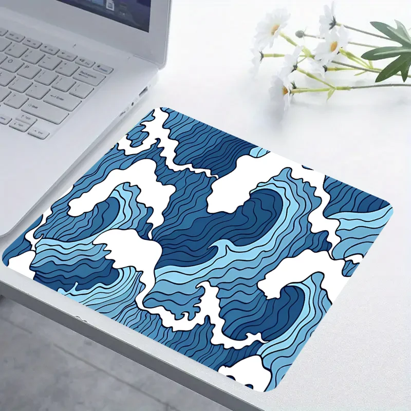 Blue and white ocean print e-sports gaming mouse pad, 2mm non-slip rubber sewn side long keyboard gaming pad, 31.49 x 11.81 inch
