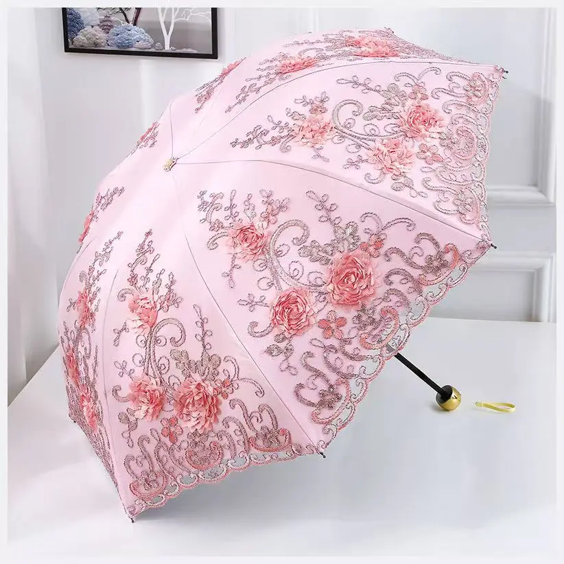

Кружевной зонт от солнца с цветочной вышивкой для женщин, портативный 3-кратный УФ-зонт, двухслойный зонт, изысканный зонтик, подарок для женщин