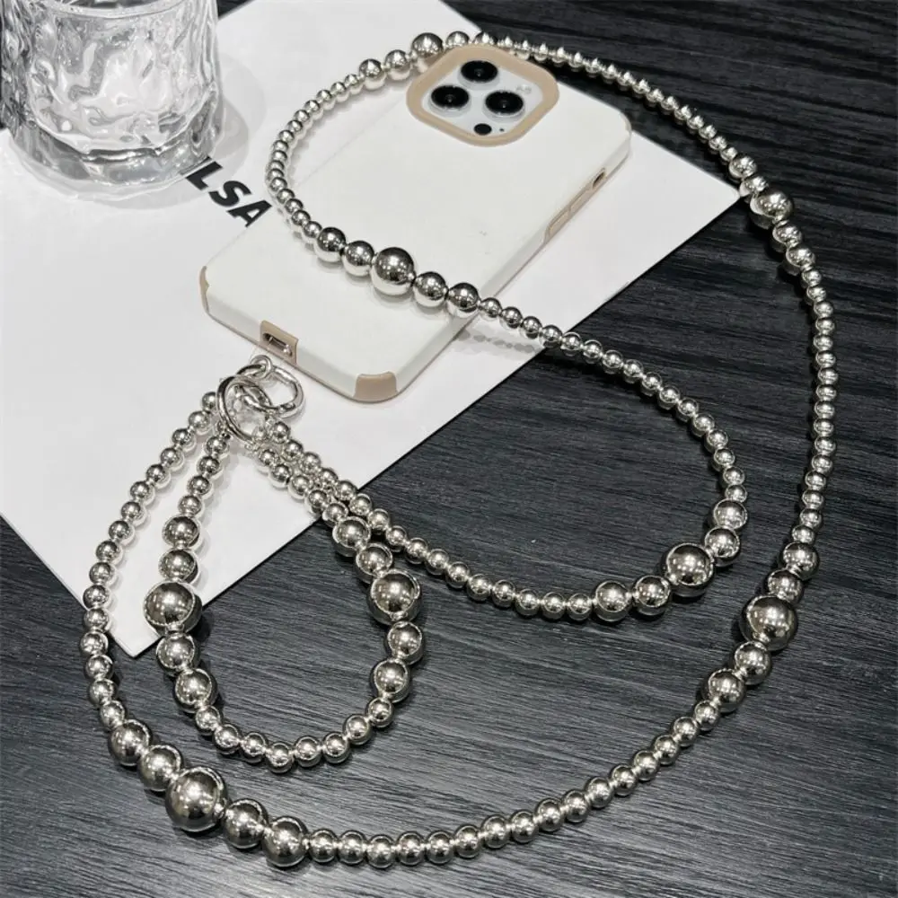 Luxury Double Chain Silver Beaded Phone Lanyard