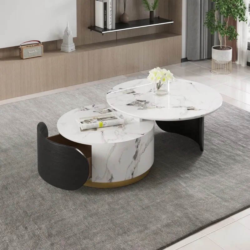 Nested Luxury Marble Coffee Table Round Stone Table with Storage Drawer