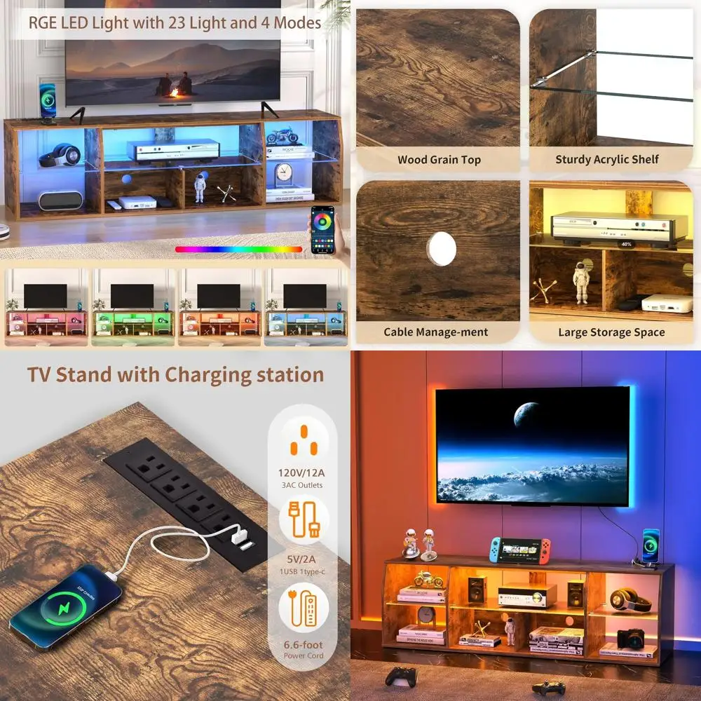 حامل تلفزيون LED مقاس 70 بوصة، مركز ترفيه مع منافذ طاقة، خزانة تلفزيون صناعية مع 7 أرفف تخزين مفتوحة، fo #1