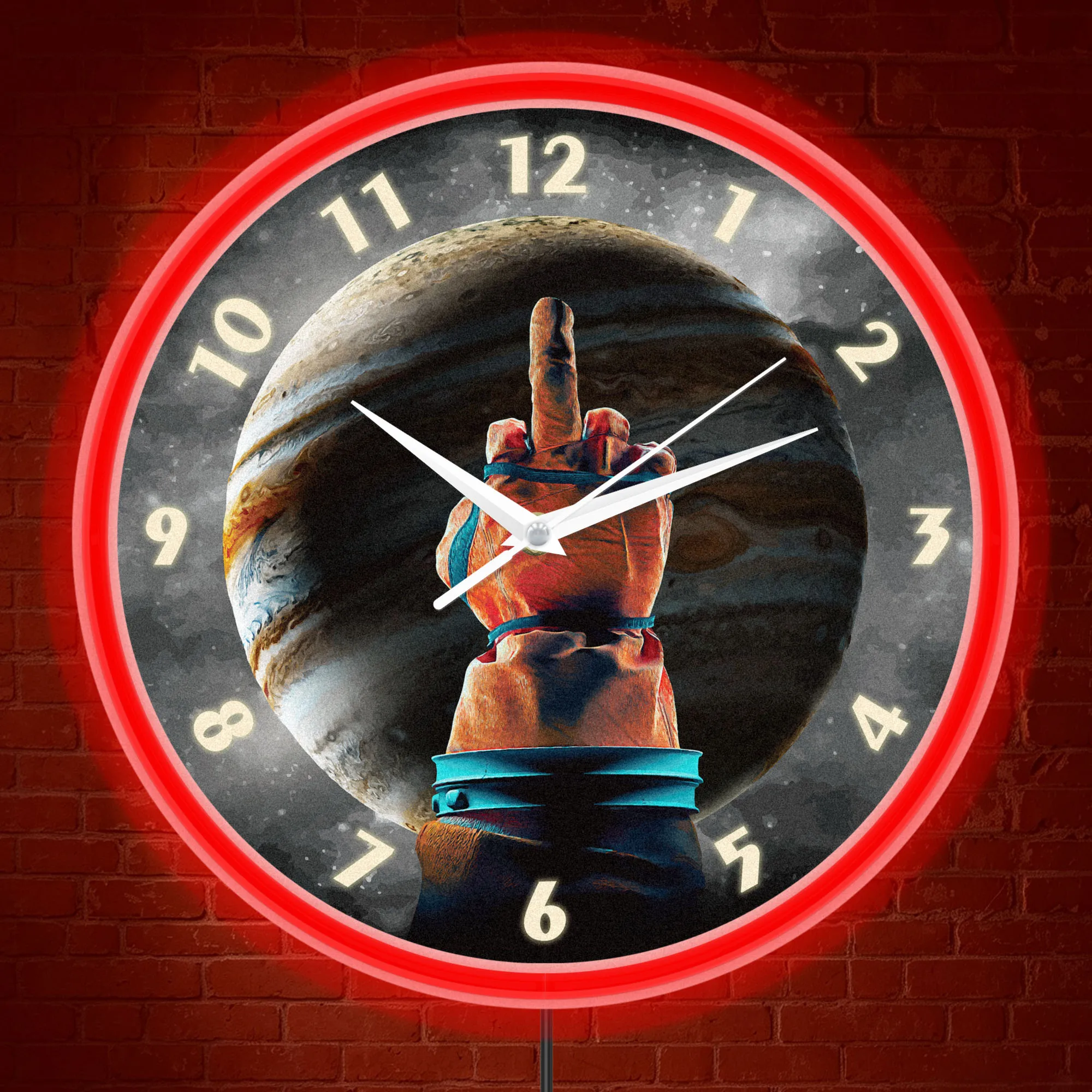 Space Astronaut Middle Finger LED Neon Light Wall Clock Jupiter Planet Galaxy Outer Space Home Decor Wall Clock Glow in Dark