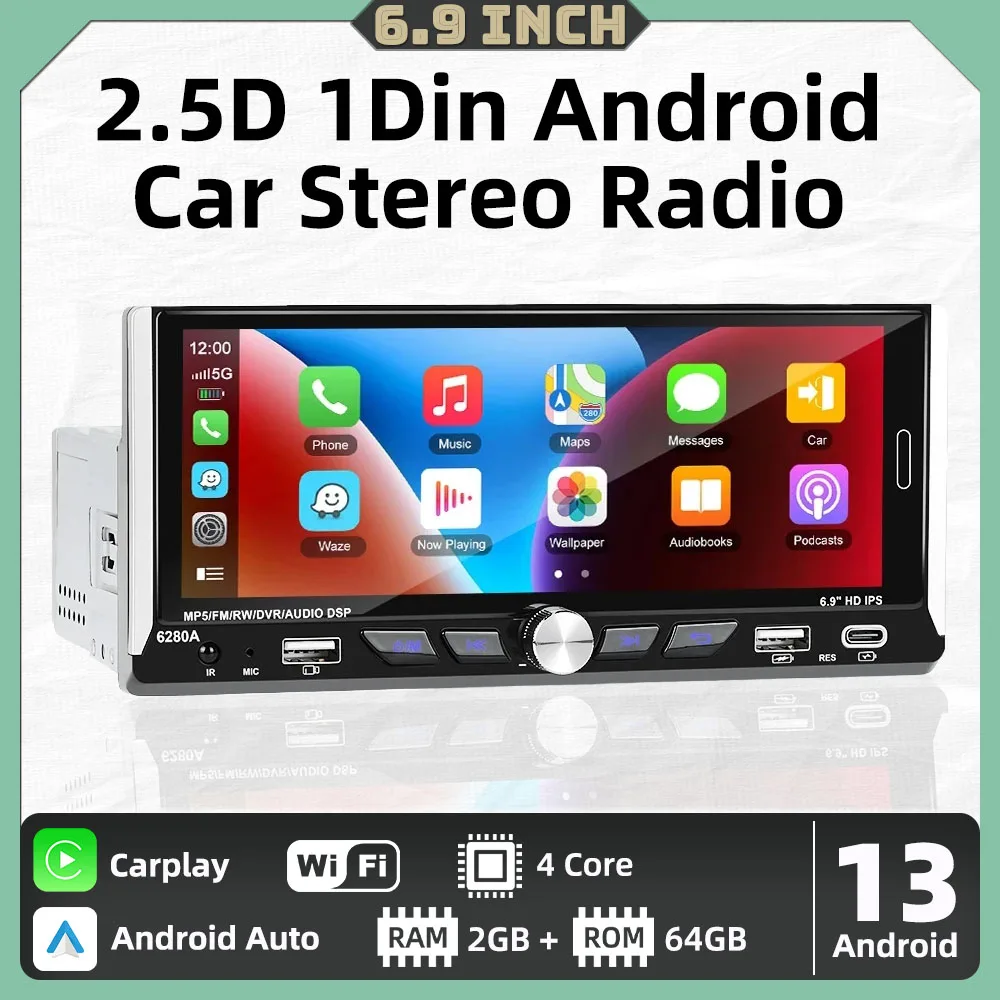 

6.9" Android Car Multimedia Player 1Din Radio Car Stereo Head Unit Wireless Carplay Autoradio GPS Navigation WIFI Android Auto